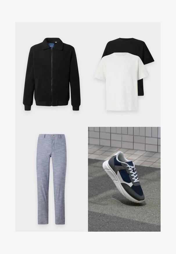 Črna flis jakna z zadrgo, stoječim ovratnikom, rebrastimi zapestji in stranskimi žepi s teksturirano površino.; Set bombažnih majic, ki vključuje črno in belo majico, obe z kratkimi rokavi, okroglim izrezom in standardnim krojem. Teksturirana tkanina.; Svijetloplave hlače od teksturirane tkanine s suptilnim ribljim kostima. Imaju kopčanje na gumb i kroj po mjeri.; Superge z zgornjim delom iz mrežaste tkanine v mornarsko modri barvi, sivi usnjeni poudarki, belo gumijasto podplato in ravnimi belimi vezalkami, zasnovane za udobje in zračnost.