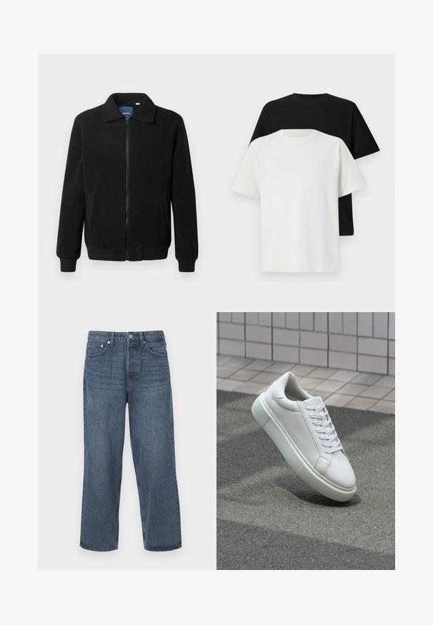 Fekete bolyhos dzseki cipzárral, állógallérral, bordázott mandzsettákkal és oldalzsebekkel, textúrált felülettel.; Pamut póló szett, amely egy fekete és egy fehér pólót tartalmaz, mindkettő rövid ujjú, környakú és normál fazonú. Texturált anyag.; Sötétkék farmernadrág egyenes szárú dizájnnal, öt zsebbel és gombos záródással. Finom kopásokkal és klasszikus szabással rendelkezik.; Fehér bőr sportcipő sima felülettel, kerek orral és lapos fehér fűzőkkel. Texturált gumitalppal és minimális dizájnelemekkel rendelkezik.