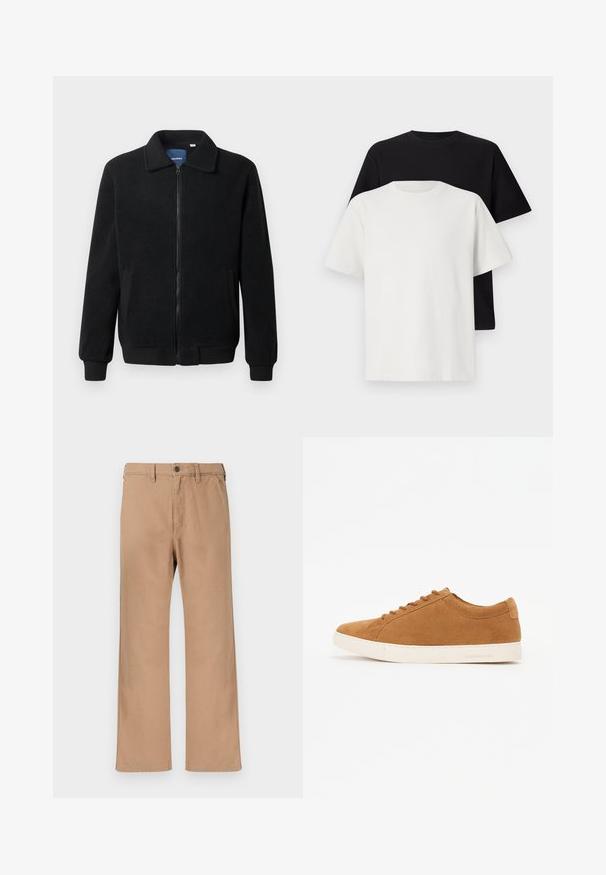 Svart fleece jakke med glidelås, høy krage, ribbestrikkede mansjetter og sidelommer med strukturert overflate.; Sett med bomull t-skjorter bestående av en svart topp og en hvit topp, begge med korte ermer, rund hals og standard passform. Teksturet stoff.; Khakifargede chinos med rett passform, laget av bomullstwill, med knappelukking og beltehemper, ensfarget tekstur uten synlige mønstre.; Brune semskede sneakers med lavtopdesign, hvid gummi sål og rund tå. Har matchende snørebånd og minimal branding på hælen.