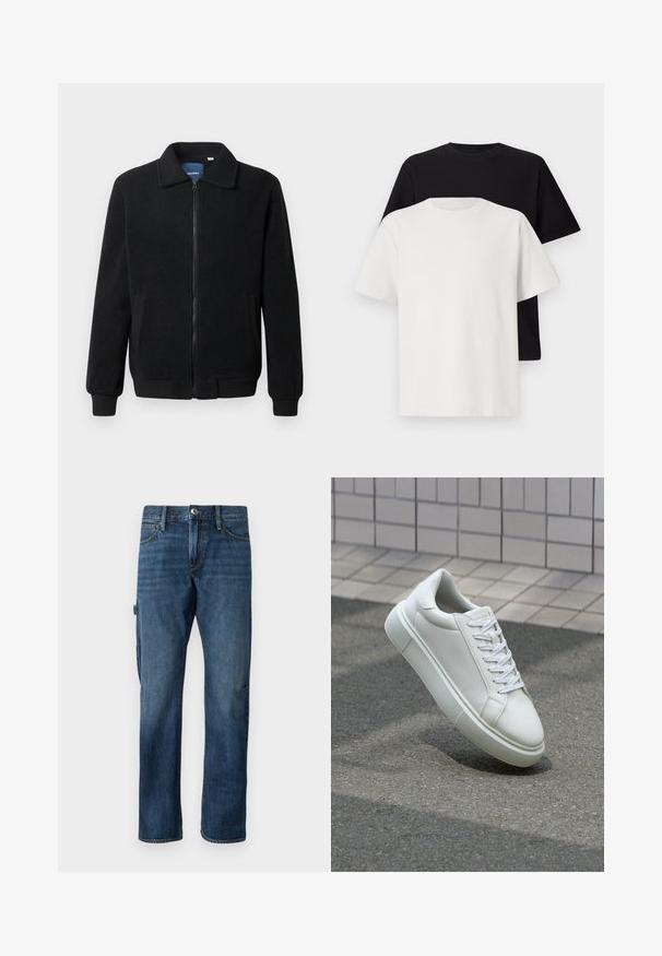 Black fleece jacket featuring a zip closure, stand collar, ribbed cuffs, and side pockets with a textured surface.; Cotton t-shirt set featuring a black top and a white top, both with short sleeves, round neckline, and standard fit. Textured fabric.; Dark blue denim jeans with a straight-leg design, front pockets, and a side cargo pocket. Features stitching accents and a button closure.; White leather sneaker with a smooth surface, round toe, and flat white laces. Features a textured rubber sole and minimal design elements.