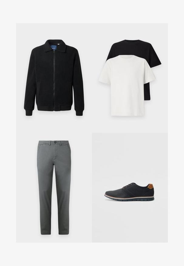 Black fleece jacket featuring a zip closure, stand collar, ribbed cuffs, and side pockets with a textured surface.; Cotton t-shirt set featuring a black top and a white top, both with short sleeves, round neckline, and standard fit. Textured fabric.; Gray cotton chinos with a slim fit, featuring a front button closure, two side pockets, and a smooth texture. Elegant design.; Black synthetic shoes with a textured upper, smooth accents, brown heel, and a contrasting sole. Features minimal lacing and stitch details.