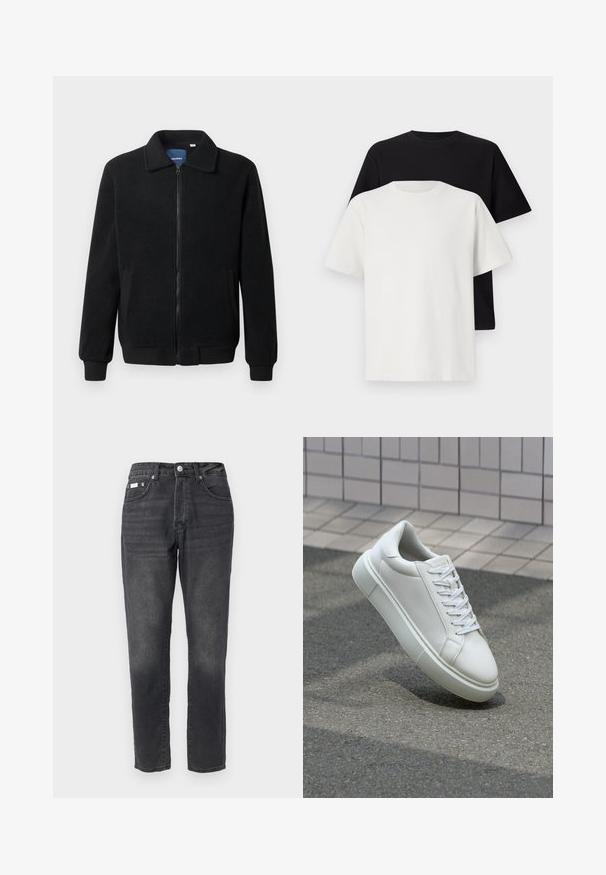 Schwarze Fleecejacke mit Reißverschluss, Stehkragen, gerippten Bündchen und seitlichen Taschen mit strukturiertem Oberflächenmaterial.; Baumwoll-T-Shirt-Set bestehend aus einem schwarzen Oberteil und einem weißen Oberteil, beide mit kurzen Ärmeln, Rundhalsausschnitt und normaler Passform. Texturiert.; Schwarze Denim-Jeans mit geradem Bein, fünf Taschen und subtiler Auswaschung. Abgeschlossen mit einem Knopf- und Reißverschluss.; Weiße Leder-Sneaker mit glatter Oberfläche, runder Zehenpartie und flachen weißen Schnürsenkeln. Verfügt über eine strukturierte Gummisohle und minimalistische Designelemente.