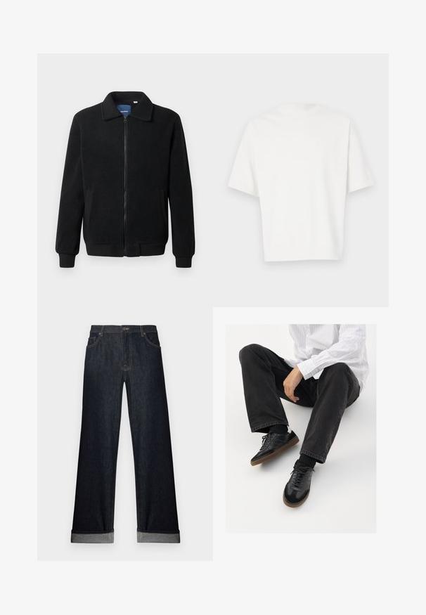 Juodas fliso džemperis su užtrauktuku, stovinčia apykakle, gumuotais rankogaliais ir šoninėmis kišenėmis, turinčiomis tekstūruotą paviršių.; Balta trumpa rankovėmis marškinėliai, pagaminti iš minkštos medžiagos. Aplink kaklą, laisvas kirpimas ir paprastas dizainas be puošmenų ar raštų.; Plati kojinės tamsaus džinsinio audinio kelnės su atlenkiamu apvadu, mygtuko uždarymu ir priekinėmis kišenėmis. Audinys yra glotnus su subtiliomis siuvimo detalėmis.; Juodi sportbačiai su lygiu ir tekstūruotu paviršiumi, turi guminį padas ir tamsias raištelius. Suderinti su juodomis džinsais ir balta juostuota marškinėliais.