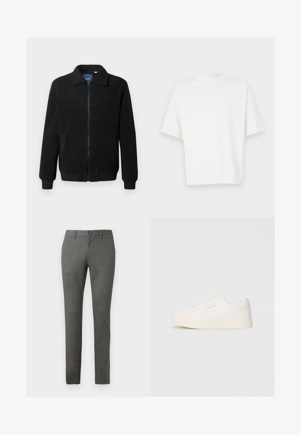 Fekete bolyhos dzseki cipzárral, állógallérral, bordázott mandzsettákkal és oldalzsebekkel, textúrált felülettel.; Fehér, rövid ujjú póló, puha anyagból készült. Kerek nyakkivágással, laza fazonnal és díszítések vagy minták nélküli egyszerű dizájnnal.; Szürke, szabott nadrág, textúrált felülettel, slim fit kialakítással, elülső zsebekkel és egy gombos derékkal.; Fehér slip-on sportcipők texturált felülettel, vastag talppal és minimalista dizájnnal. Az oldalon a márka logója található.
