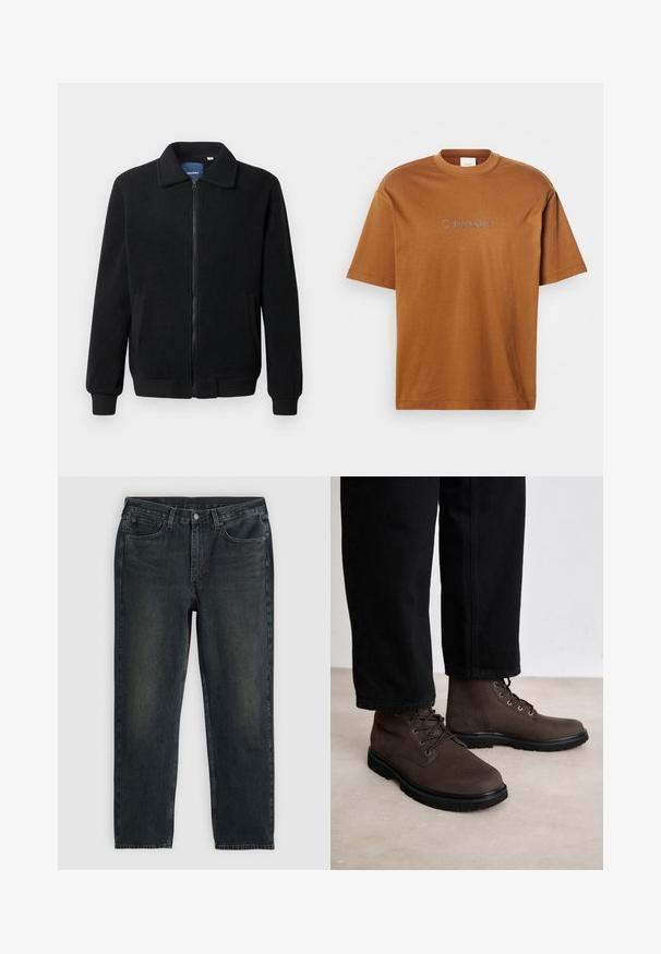 Černá fleecová bunda s zipovým uzávěrem, stojáčkem, vroubkovanými manžetami a bočními kapsami s texturovaným povrchem.; Hnědé bavlněné tričko s krátkými rukávy a kulatým výstřihem. Na přední straně je vyšitý nápis "Calvin Klein" v světle šedé barvě.; Tmavě modré džíny z denimu se střihy rovnými nohavicemi, obsahující pět kapes, zipový pas a kontrastní šití. Jemné blednutí na látce.; Hnědé kotníkové boty z hladké kůže, kulatá špička a černá gumová podešev. Obsahují kovové očka a kulaté tkaničky. Nosené s černými kalhotami.