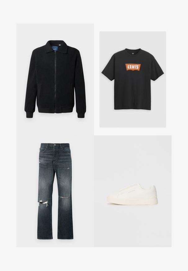 Čierna flísová bunda s uzáverom na zips, stojatým golierom, rebrovanými manžetami a bočnými vreckami s textúrovaným povrchom.; Čierne bavlnené tričko s veľkým oranžovým logom Levi's na prednej strane, s krátkymi rukávmi a okrúhlym výstrihom.; Džínsy v tmavom prania s voľným strihom, s dvoma roztrhnutými kolenami, štandardným zapínaním na gombík a dizajnom s piatimi vreckami.; Biele slip-on tenisky s textúrovaným povrchom, hrubou podrážkou a minimalistickým dizajnom. Obsahuje logo značky na boku.