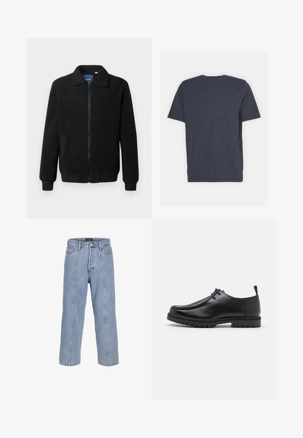 Jachetă din fleece neagră, cu închidere prin fermoar, guler înalt, manșete ribbate și buzunare laterale cu o suprafață texturată.; Tricou albastru marin cu guler rotund, fabricat dintr-un amestec de bumbac moale, cu mâneci scurte și o croială obișnuită. Fără modele sau accente vizibile.; Jeans din denim de culoare albastră deschisă, cu o croială lejeră, picioare largi și detalii de cusătură vizibile. Caracteristică un sistem de închidere cu nasture și fermoar, precum și cinci buzunare.; Pantofii din piele neagră, cu șireturi, au o talpă robustă și o bandă de prindere la călcâi, fiind prezentați din lateral pe un fundal alb.