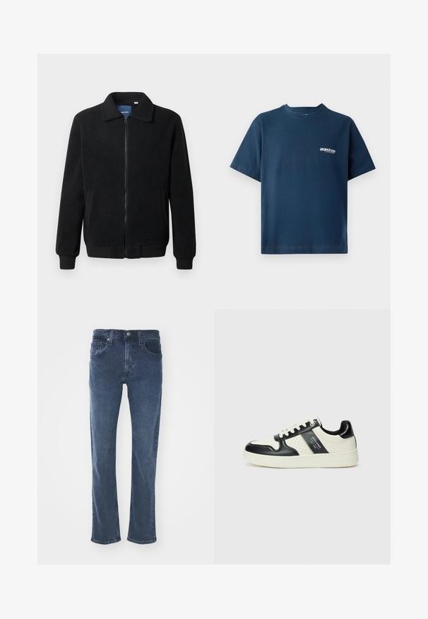 Casaco de polar preto com fecho de correr, gola alta, punhos canelados e bolsos laterais com uma superfície texturizada.; Camiseta de algodão azul marinho com mangas curtas e decote redondo. Apresenta um pequeno logótipo branco na área do peito esquerdo. Textura suave.; Jeans de ganga azul-escuro com corte reto, design de cinco bolsos, detalhes de costura subtis e uma cintura clássica com fecho de botão.; Ténis de couro com um esquema de cores em preto e creme, apresentando detalhes perfurados, um colarinho acolchoado e uma sola texturizada.