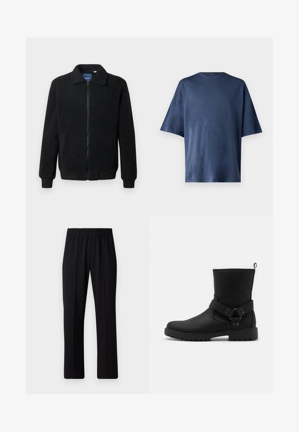 Μαύρο φλις μπουφάν με κλείσιμο με φερμουάρ, όρθιο γιακά, λαστιχένια μανίκια και πλάγιες τσέπες με υφή.; Σκούρο μπλε κοντομάνικο T-shirt, φτιαγμένο από μαλακό ύφασμα, διαθέτει κλασικό λαιμόκομμα και άνετη εφαρμογή, χωρίς ορατά σχέδια ή λεπτομέρειες.; Μαύρο παντελόνι με ελαστική μέση και ίσια γραμμή, με λεία υφή και χωρίς εμφανή σχέδια ή μεταλλικά στοιχεία.; Μαύρες μποτάκια μέχρι τον αστράγαλο με δερμάτινη υφή, διαθέτοντας πλαϊνή ζώνη με μεταλλικά διακοσμητικά στοιχεία και λαστιχένια σόλα με προεξοχές για καλύτερη πρόσφυση.