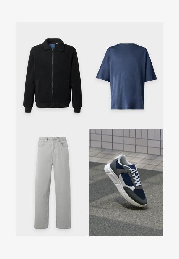 Čierna flísová bunda s uzáverom na zips, stojatým golierom, rebrovanými manžetami a bočnými vreckami s textúrovaným povrchom.; Námornícky modré tričko s krátkym rukávom, vyrobené z mäkkej látky, má klasický okrúhly výstrih a voľný strih, bez viditeľných vzorov či akcentov.; Svetlosivé džínsové nohavice s rovnými nohavicami, piatimi vreckami, zipsom a gombíkovým zapínaním, vystavené na bielom pozadí.; Tenisky s sieťovinou v námorníckej modrej farbe, so sivými semišovými detailmi, bielou gumovou podrážkou a plochými bielymi šnúrkami, navrhnuté pre pohodlie a priedušnosť.