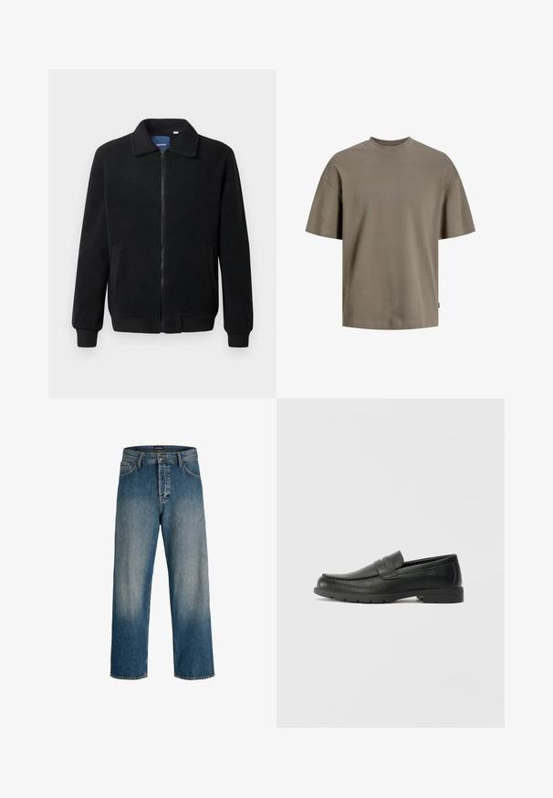 Casaco de polar preto com fecho de correr, gola alta, punhos canelados e bolsos laterais com uma superfície texturizada.; T-shirt de algodão em verde oliva suave; apresenta um decote redondo, mangas curtas e um corte descontraído com detalhes de costura mínimos.; Jeans de denim azul com um corte relaxado, design de perna reta, desvanecimento sutil e uma etiqueta de marca na cintura para detalhe.; Sapatos mocassins de couro preto com acabamentos lisos, parte superior em estilo mocassins, detalhes em costura e sola de borracha. Design clássico com um salto baixo.