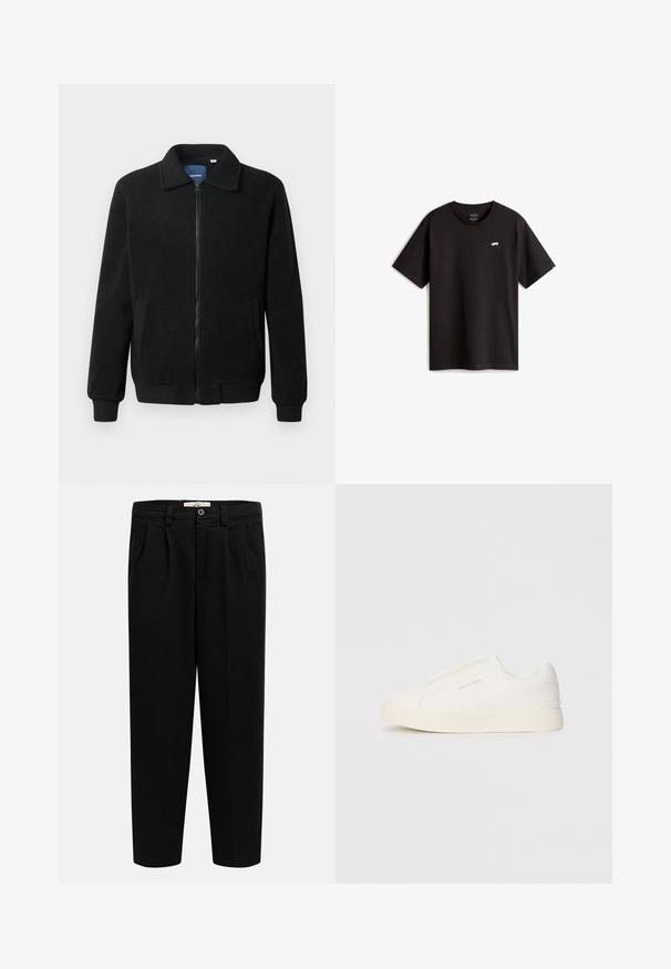 Schwarze Fleecejacke mit Reißverschluss, Stehkragen, gerippten Bündchen und seitlichen Taschen mit strukturiertem Oberflächenmaterial.; Schwarzes Baumwoll-T-Shirt mit kurzen Ärmeln und Rundhalsausschnitt. Mit einem kleinen weißen Skateboard-Logo auf der Brust. Einfaches Design und Schnitt.; Schwarze, gerade geschnittene Hose mit hohem Bund, Gürtelschlaufen, vorderen Falten, Seitentaschen und einem Knopfverschluss am Bund.; Weiße Slip-On-Sneaker mit einer strukturierten Oberfläche, dicker Sohle und minimalistischem Design. Mit Logo der Marke an der Seite.