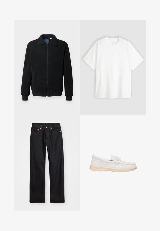 Chaqueta de forro polar negra con cierre de cremallera, cuello alzado, puños acanalados y bolsillos laterales con una superficie texturizada.; Camiseta blanca de manga corta hecha de algodón con cuello redondo. Presenta un sutil detalle de logo en relieve en la parte delantera y una etiqueta roja en el dobladillo.; Jeans de mezclilla negros de pierna recta para hombre, con cinco bolsillos y costuras en color naranja, cierre de botón y cremallera en la parte delantera de la cintura.; Zapatos mocasines de ante beige claro con un acabado texturizado, que presentan una puntera cerrada, detalles de costura y una suela de goma flexible.