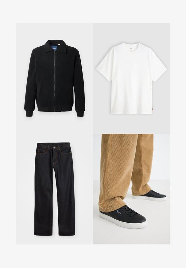 Casaco de polar preto com fecho de correr, gola alta, punhos canelados e bolsos laterais com uma superfície texturizada.; T-shirt branca de manga curta, feita de algodão, com decote redondo. Apresenta um discreto detalhe de logotipo em relevo na frente e uma etiqueta vermelha na bainha.; Calças de ganga pretas para homem, de pernas retas, com cinco bolsos e costura laranja, fecho de botão e zíper na cintura da frente.; Sapatilhas pretas em couro com solas brancas de borracha. Usadas com calças de corduroy bege com nervuras verticais e um corte descontraído.