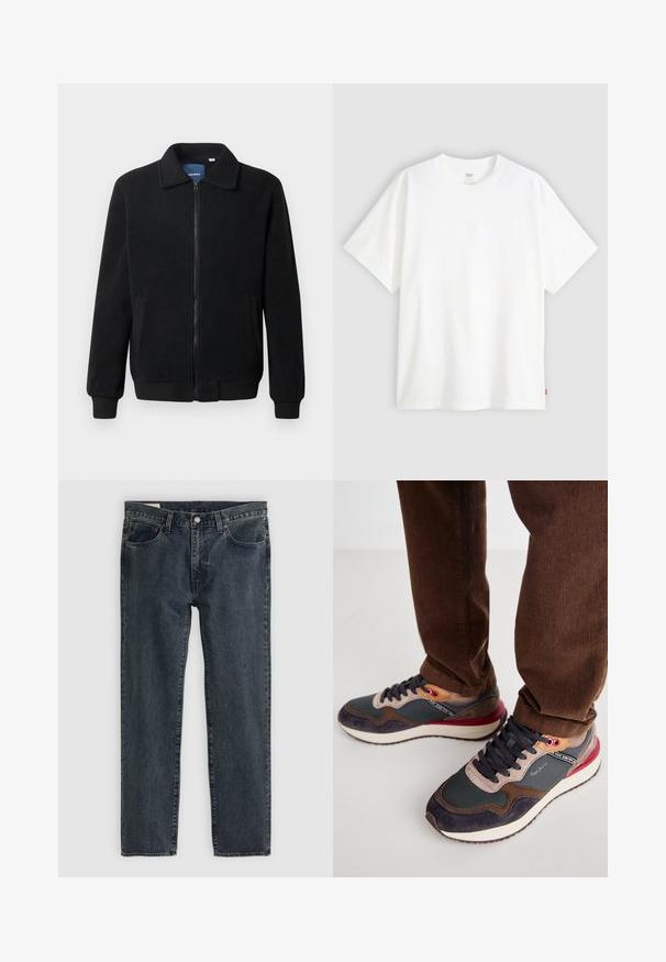 Svart fleece jakke med glidelås, høy krage, ribbestrikkede mansjetter og sidelommer med strukturert overflate.; Hvit t-skjorte med korte ermer laget av bomull, med rund hals. Har diskret preget logo detalj foran og en rød etikett på kanten.; Mørkeblå denimjeans med rett ben-design, fem lommer og knappestang. Tøyet viser en subtil falming og tekstur.; Sko med en blanding av grått mesh, mørkeblå semsket skinn og burgunder detaljer. Har et snørelukkingdesign og fremtredende merkevare på siden.