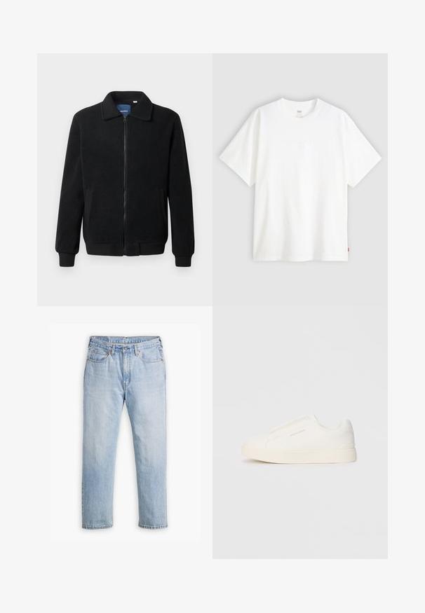 Černá fleecová bunda s zipovým uzávěrem, stojáčkem, vroubkovanými manžetami a bočními kapsami s texturovaným povrchem.; Bílý krátký rukáv tričko vyrobené z bavlny s kulatým výstřihem. Na přední straně se nachází decentní embosované logo a červená cedulka na lemu.; Světle modré džíny z denimu s rovnými nohavicemi, pětikapsovým stylem a kontrastním prošitím. Zapínání na knoflík a zip v pase.; Bílé slip-on tenisky s texturovaným povrchem, silnou podešví a minimalistickým designem. Na boku je umístěno logo značky.