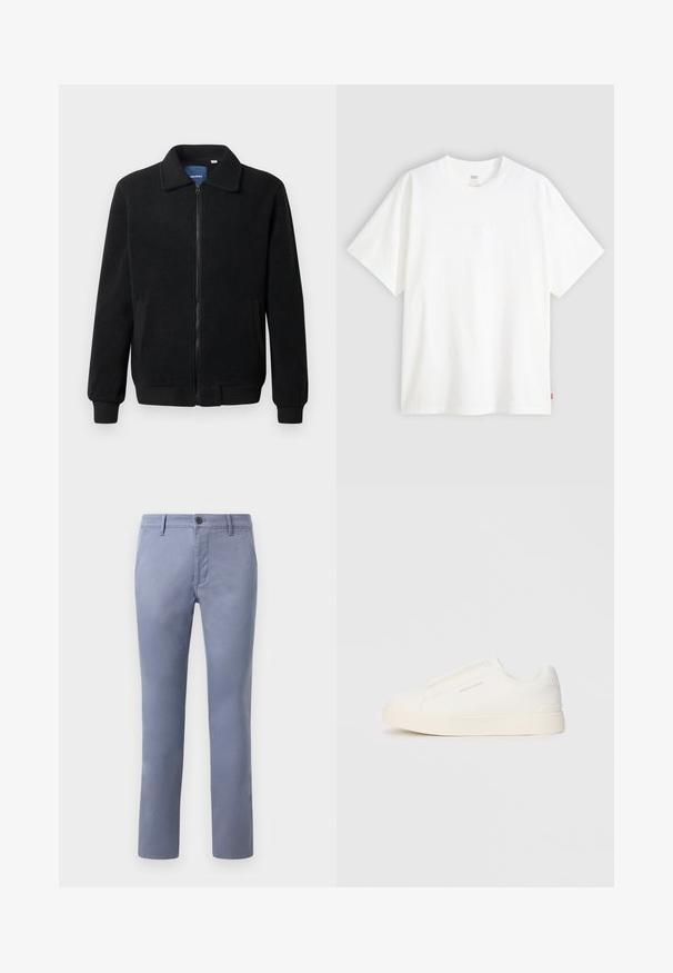 Zwarte fleece jas met een ritssluiting, staande kraag, ribgebreide manchetten en zijzakken met een textuur.; Witte pique t-shirt met korte mouwen van katoen en een ronde hals. Heeft een subtiele reliëf logo-detail aan de voorkant en een rood label aan de zoom.; Lichtblauwe katoenen chinos met een slim fit, voorzien van een knoopsluiting, riemlussen en zijzakken, een gladde textuur en rechte pijpen.; Witte instap sneakers met een gestructureerd oppervlak, een dikke zool en een minimalistisch ontwerp. Bevat het merklogo aan de zijkant.