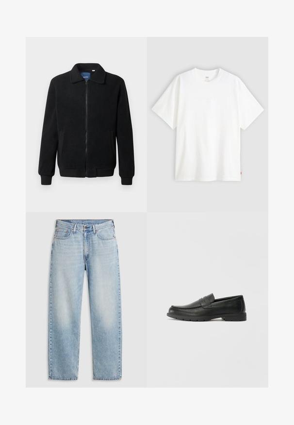 Casaco de polar preto com fecho de correr, gola alta, punhos canelados e bolsos laterais com uma superfície texturizada.; T-shirt branca de manga curta, feita de algodão, com decote redondo. Apresenta um discreto detalhe de logotipo em relevo na frente e uma etiqueta vermelha na bainha.; Jeans retos de cor azul clara com cinco bolsos, fecho de botão metálico e detalhes desbotados nas coxas e joelhos, dispostos planos sobre um fundo branco.; Sapatos mocassins de couro preto com acabamentos lisos, parte superior em estilo mocassins, detalhes em costura e sola de borracha. Design clássico com um salto baixo.