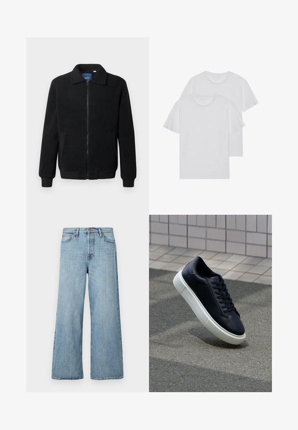 Svart fleece jakke med glidelås, høy krage, ribbestrikkede mansjetter og sidelommer med strukturert overflate.; To hvite t-skjorter i bomull med rund hals, korte ermer og en myk tekstur. Begge har en ensfarget stil uten synlige mønstre eller detaljer.; Lyseblå vide jeans laget av denim, med knappelukking, diskret falming og standard fem-lommers design.; Sorte skinnsneakers med rund tå og hvit gummisåle. Har flate lisser og minimal søm på overdelen. Strukturert såle for grep.