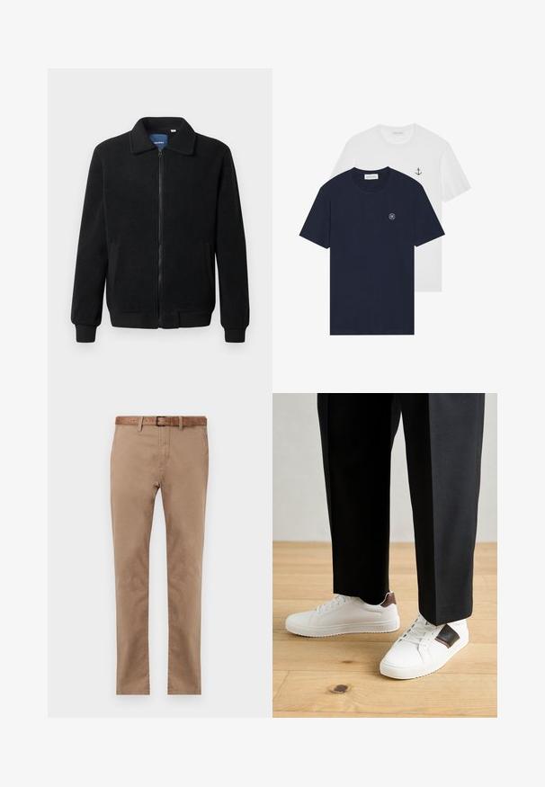 Juodas fliso džemperis su užtrauktuku, stovinčia apykakle, gumuotais rankogaliais ir šoninėmis kišenėmis, turinčiomis tekstūruotą paviršių.; Du švarkai: vienas tamsiai mėlynas su apvaliu logotipu, kitas baltas su mažu inkaru. Pagaminti iš medvilnės, trumpomis rankovėmis.; Bežiniai medvilniniai chinosai su tiesiu siluetu, su rudais odiniais diržais, dviem priekinėmis kišenėmis ir lygiu paviršiumi.; Balti sportbačiai su glotnia danga, puošti rudais odiniais akcentais ir juodais detalėmis, derinami su juodais pritaikytais kelnėmis. Medinių grindų fonas.