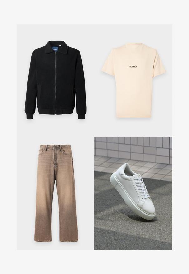 Musternahk fleece-jakk musternahaga, tõmblukk, seisev kaelus, soonikkoes varrukad ja küljetaskud tekstuurse pinnaga.; Lühikeste varrukatega, kreemivärvi puuvillane t-särk ümara kaelakaelusega. Rinnal on väike must logo.; Laiad jalad teksad gradient pruunis pesus, klassikalise viie taskuga disain, vöödega silmused ja kontrastõmblused siledal denimitekstiilil.; Valge nahkline sneka, millel on sile pind, ümar varvas ja lame valge pael. Omab tekstuuriga kummist talla ja minimaalset kujunduselementi.