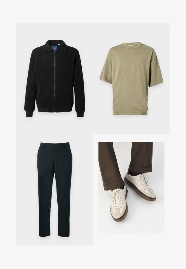 Schwarze Fleecejacke mit Reißverschluss, Stehkragen, gerippten Bündchen und seitlichen Taschen mit strukturiertem Oberflächenmaterial.; Olivgrünes T-Shirt mit kurzen Ärmeln aus weichem Stoff, mit rundem Halsausschnitt und einem lockeren Schnitt, versehen mit genähten Säumen.; Schwarze maßgeschneiderte Hosen mit einem eleganten, geraden Schnitt, gefertigt aus glattem Stoff mit flachem Vorderteil und ohne sichtbare Taschen.; Beige Sneakers mit einer strukturierten Wildlederfront, glatten Lederseiten und einer braunen Gummisohle. Bändel und helle Nähdetails sind enthalten.