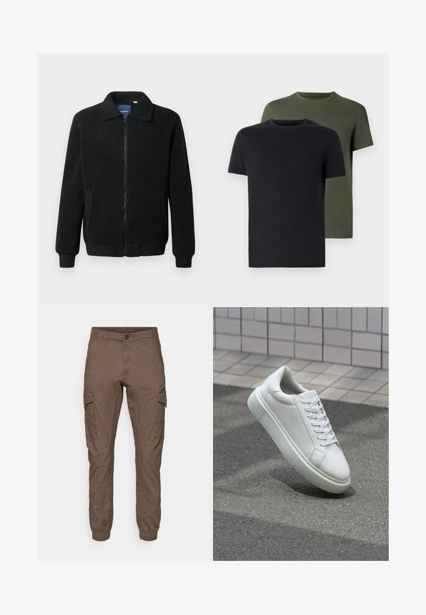 Schwarze Fleecejacke mit Reißverschluss, Stehkragen, gerippten Bündchen und seitlichen Taschen mit strukturiertem Oberflächenmaterial.; Zwei Rundhals-T-Shirts in Schwarz und Olivgrün, aus weichem Baumwollstoff gefertigt. Das Design ist schlicht mit kurzen Ärmeln und geradem Schnitt.; Cargo-Hosen in dunkelbrauner Farbe, aus strapazierfähigem Stoff. Mit elastischen Bündchen, seitlichen Taschen und einem vorderen Knopfverschluss.; Weiße Leder-Sneaker mit glatter Oberfläche, runder Zehenpartie und flachen weißen Schnürsenkeln. Verfügt über eine strukturierte Gummisohle und minimalistische Designelemente.