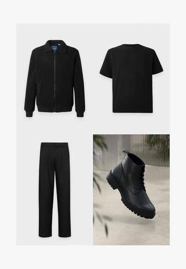 Casaco de polar preto com fecho de correr, gola alta, punhos canelados e bolsos laterais com uma superfície texturizada.; T-shirt preta de mangas curtas feita de tecido texturizado, com decote redondo e um corte descontraído. Simples, sem padrões ou detalhes.; Calças pretas feitas de tecido suave, com um design de perna reta, dois pregas frontais e uma cintura padrão com passantes para cinto.; Botas de tornozelo pretas em pele com biqueira arredondada, design de atacadores e sola de borracha robusta. Textura suave com uma alça na parte de trás.