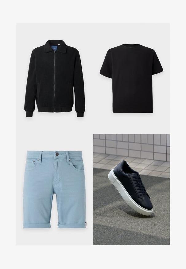 Juodas fliso džemperis su užtrauktuku, stovinčia apykakle, gumuotais rankogaliais ir šoninėmis kišenėmis, turinčiomis tekstūruotą paviršių.; Juodas trumpomis rankovėmis marškinėliai, pagaminti iš tekstūruotos medžiagos, su apvaliu iškirpimu ir laisvu siluetu. Paprasti, be raštų ar akcentų.; Šviesiai mėlynos džinsinės šortai su klasikinio penkių kišenių dizainu, suktomis apykaklėmis, priekyje ir gale esančiais siuvinėjimais bei tamsiu mygtuko uždarymu.; Juodas odinis sportbačius su apvaliu pirštu ir baltu gumuotu padu. Turi plokščias raišteles ir minimalų siuvimą viršuje. Padangos tekstūra užtikrina sukibimą.