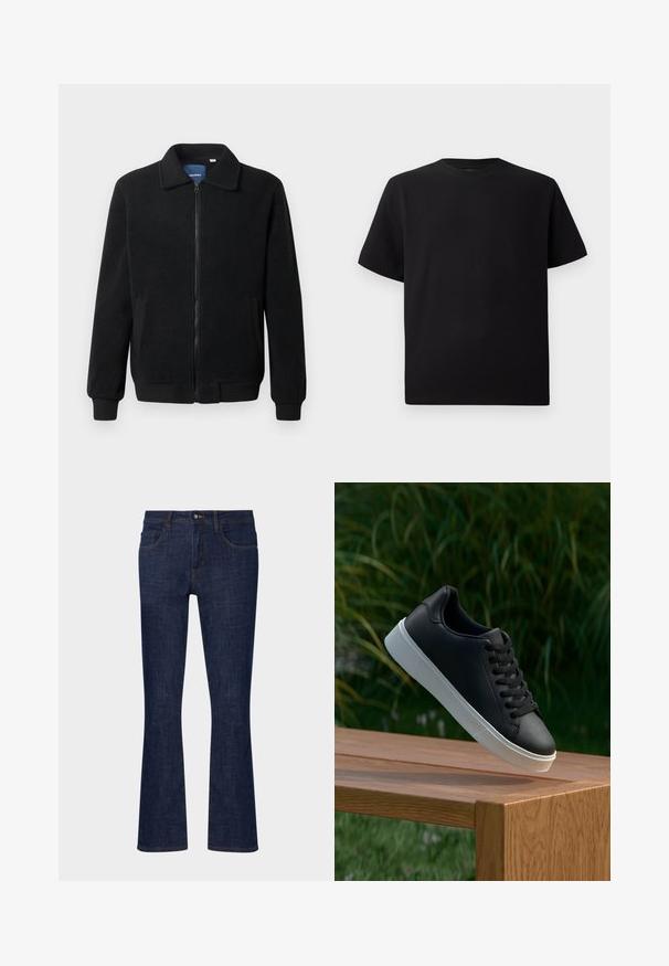 Crni flis jakna s zatvaranjem na zip, stojećim ovratnikom, rebrastim manžetama i bočnim džepovima s teksturiranom površinom.; Crna majica kratkih rukava od teksturiranog materijala, s okruglim izrezom i opuštenim krojem. Jednostavna, bez uzoraka ili naglasaka.; Tamno plave traperice s lagano proširenim nogavicama, srednjim strukom, pet džepova i kontrastnim šavovima. Glatka tekstura s minimalnim habanjem.; Crne kožne tenisice s glatkom teksturom, bijelim gumeni potplat i šest rupica za vezice, izložene na drvenoj površini.