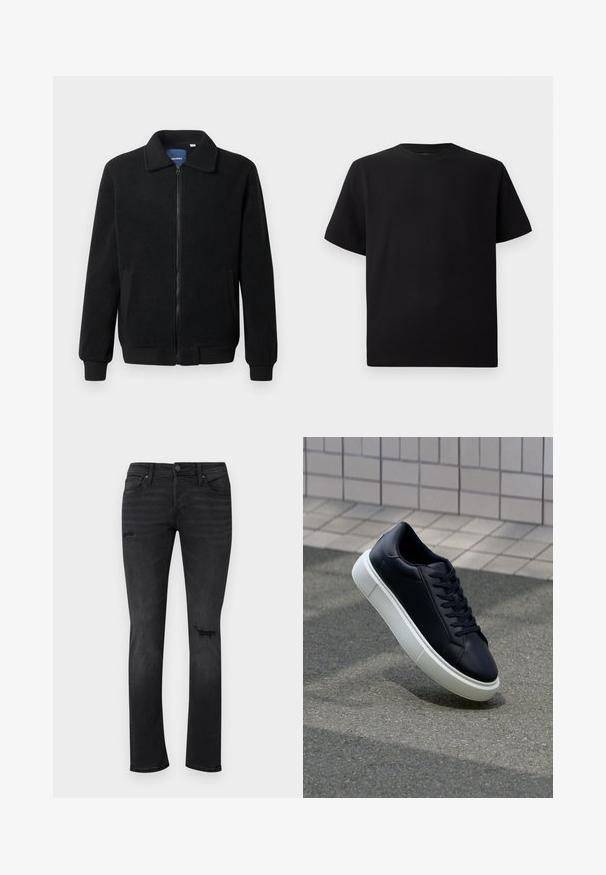Melnā vilnas jaka ar rāvējslēdzēju, stāvošu apkakli, ribotām piedurknēm un sānu kabatām ar teksturētu virsmu.; Melnās īsām piedurknēm T-krekls no teksturēta auduma, ar apaļu kakla izgriezumu un brīvu piegriezumu. Vienkāršs, bez rakstiem vai akcentiem.; Melni džinsi ar šauru piegriezumu, ar redzamām nolietojuma vietām pie ceļiem, pieci kabatas un standarta pogu un rāvējslēdzēja aizdare.; Melnas ādas kedas ar noapaļotu pirkstu un baltu gumijas zoli. Iespējas - plakanas šņorītes un minimāla apdare augšdaļā. Struktūrēta zole, lai nodrošinātu saķeri.