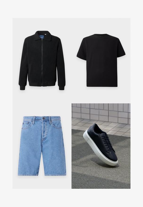 Black fleece jacket featuring a zip closure, stand collar, ribbed cuffs, and side pockets with a textured surface.; Black short-sleeve T-shirt made of textured fabric, featuring a round neckline and a relaxed fit. Simple, no patterns or accents.; Light blue denim shorts with a classic five-pocket design, button closure, and straight leg cut, featuring faded texture and stitching accents.; Black leather sneaker with rounded toe and white rubber sole. Features flat laces and minimal stitching on the upper. Textured sole for grip.