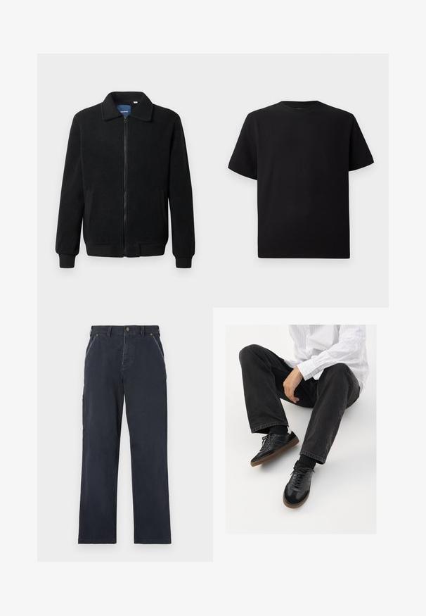 Juodas fliso džemperis su užtrauktuku, stovinčia apykakle, gumuotais rankogaliais ir šoninėmis kišenėmis, turinčiomis tekstūruotą paviršių.; Juodas trumpomis rankovėmis marškinėliai, pagaminti iš tekstūruotos medžiagos, su apvaliu iškirpimu ir laisvu siluetu. Paprasti, be raštų ar akcentų.; Tamsiai mėlynos medvilnės kelnės su tiesiu kojų dizainu. Yra priekinės kišenės, mygtukų uždarymas ir matomi siuvimo detalės.; Juodi sportbačiai su lygiu ir tekstūruotu paviršiumi, turi guminį padas ir tamsias raištelius. Suderinti su juodomis džinsais ir balta juostuota marškinėliais.