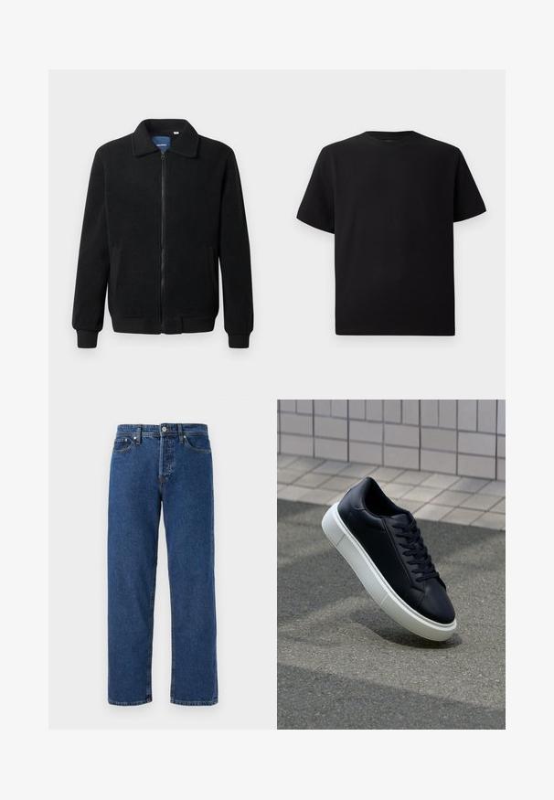 Casaco de polar preto com fecho de correr, gola alta, punhos canelados e bolsos laterais com uma superfície texturizada.; T-shirt preta de mangas curtas feita de tecido texturizado, com decote redondo e um corte descontraído. Simples, sem padrões ou detalhes.; Jeans de ganga azul com corte reto, apresentando cinco bolsos, fecho de botão de metal e costura visível nas costuras.; Sapatilha de couro preto com bico arredondado e sola de borracha branca. Apresenta atacadores planos e costuras mínimas na parte superior. Sola texturizada para melhor aderência.