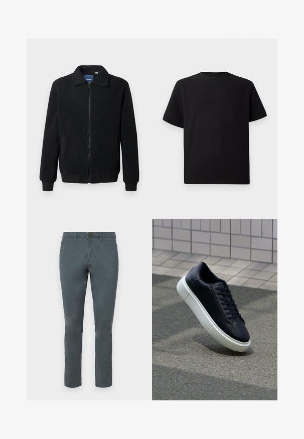 Black fleece jacket featuring a zip closure, stand collar, ribbed cuffs, and side pockets with a textured surface.; Black short-sleeve T-shirt made of textured fabric, featuring a round neckline and a relaxed fit. Simple, no patterns or accents.; Gray cotton blend pants with a slim fit, button closure, and two front pockets. Smooth texture and straight leg design.; Black leather sneaker with rounded toe and white rubber sole. Features flat laces and minimal stitching on the upper. Textured sole for grip.