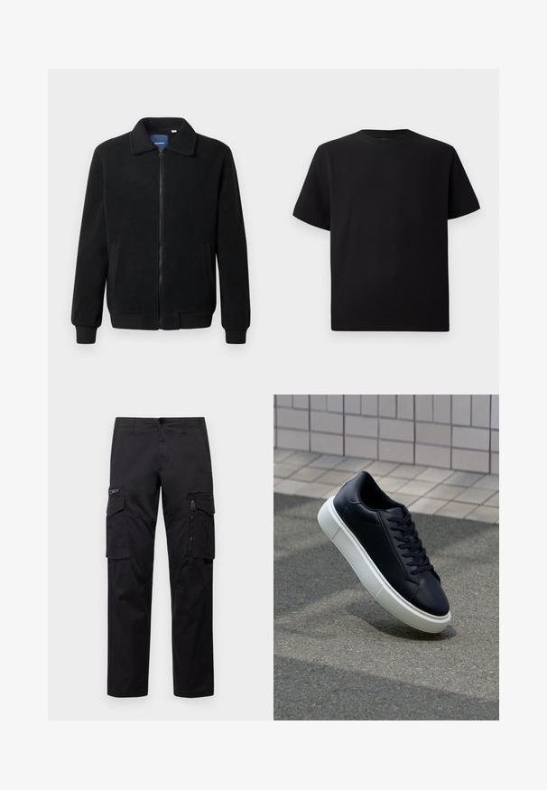 Crni flis jakna s zatvaranjem na zip, stojećim ovratnikom, rebrastim manžetama i bočnim džepovima s teksturiranom površinom.; Crna majica kratkih rukava od teksturiranog materijala, s okruglim izrezom i opuštenim krojem. Jednostavna, bez uzoraka ili naglasaka.; Crne cargo hlače s više džepova, zatvorenim džepom na bedru, ravnog kroja i čvrstog pamuka s blagim sjajem.; Crne kožne tenisice s zaobljenim vrhom i bijelim gumiranim potplatom. Imaju ravne vezice i minimalno šivanje na gornjem dijelu. Teksturirani potplat za bolje prianjanje.