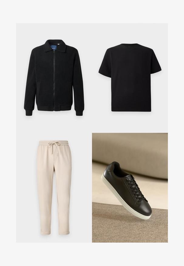 Fekete bolyhos dzseki cipzárral, állógallérral, bordázott mandzsettákkal és oldalzsebekkel, textúrált felülettel.; Fekete, rövid ujjú póló texturált anyagból, kerek nyakkivágással és laza fazonnal. Egyszerű, minta és díszítés nélkül.; Beige színű jogger nadrág rugalmas derékkal és zsinórral, oldalsó zsebekkel és tapadó bokákkal. Simaság és laza kialakítás jellemzi.; Fekete bőr sportcipő fehér gumitalppal és fekete fűzőkkel, bézs szövetfelületen és háttérben elhelyezve.