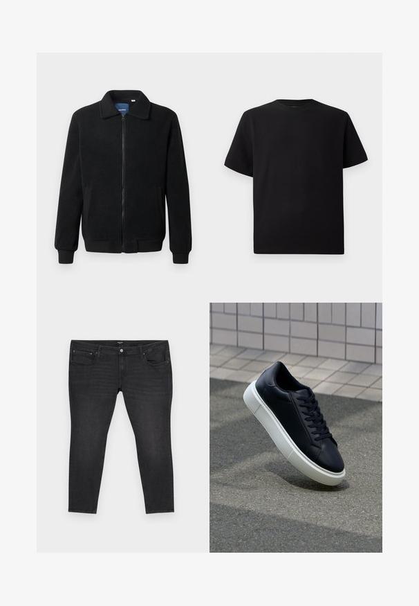 Čierna flísová bunda s uzáverom na zips, stojatým golierom, rebrovanými manžetami a bočnými vreckami s textúrovaným povrchom.; Čierne tričko s krátkym rukávom vyrobené z textúrovanej látky, s okrúhlym výstrihom a voľným strihom. Jednoduché, bez vzorov alebo akcentov.; Čierne džínsy z denimu s priliehavým strihom, obsahujúce päť vreciek, predné zapínanie na gombík a zips, a jemné detaily opotrebovania.; Čierne kožené tenisky s okrúhlou špičkou a bielou gumovou podrážkou. Majú ploché šnúrky a minimálne šitie na vrchu. Textúrovaná podrážka pre lepšiu priľnavosť.