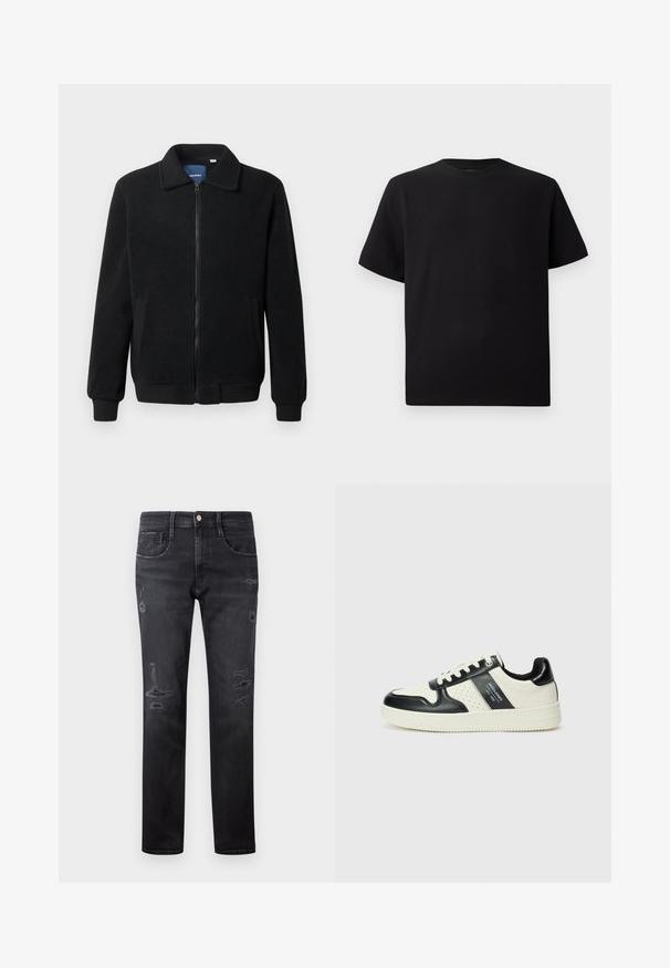 Casaco de polar preto com fecho de correr, gola alta, punhos canelados e bolsos laterais com uma superfície texturizada.; T-shirt preta de mangas curtas feita de tecido texturizado, com decote redondo e um corte descontraído. Simples, sem padrões ou detalhes.; Jeans de ganga pretos com um corte reto, apresentando remendos desgastados, cinco bolsos, um pequeno botão de metal e passadores para cinto na cintura.; Ténis de couro com um esquema de cores em preto e creme, apresentando detalhes perfurados, um colarinho acolchoado e uma sola texturizada.