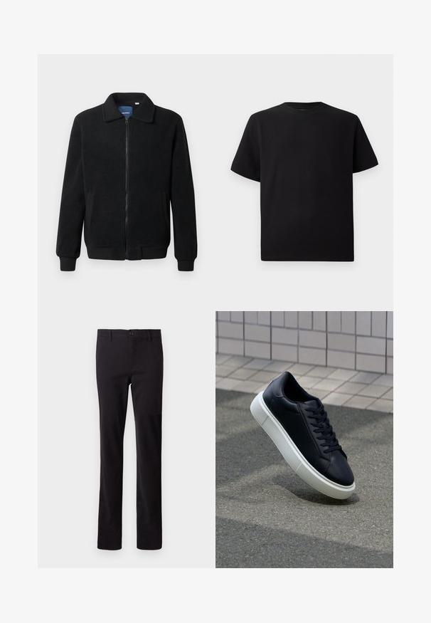 Melnā vilnas jaka ar rāvējslēdzēju, stāvošu apkakli, ribotām piedurknēm un sānu kabatām ar teksturētu virsmu.; Melnās īsām piedurknēm T-krekls no teksturēta auduma, ar apaļu kakla izgriezumu un brīvu piegriezumu. Vienkāršs, bez rakstiem vai akcentiem.; Melni gari nožņi, izgatavoti no kokvilnas maisījuma auduma; ar taisnu kāju dizainu un priekšējo pogu aizdari. Redzami nav nekādi raksti vai rotājumi.; Melnas ādas kedas ar noapaļotu pirkstu un baltu gumijas zoli. Iespējas - plakanas šņorītes un minimāla apdare augšdaļā. Struktūrēta zole, lai nodrošinātu saķeri.