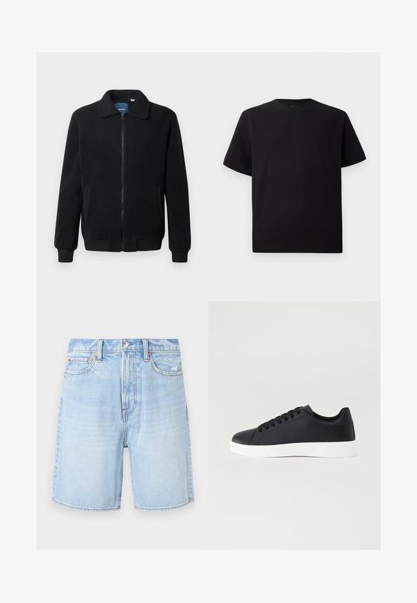 Veste en polaire noire avec fermeture éclair, col montant, poignets côtelés et poches latérales avec une surface texturée.; T-shirt noir à manches courtes en tissu texturé, avec un col rond et une coupe décontractée. Simple, sans motifs ni accents.; Shorts en denim bleu clair avec une coupe classique, présentant un design à cinq poches, un ourlet effiloché et des coutures contrastées.; Pier One UNISEX - Baskets basses - black