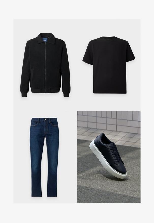 Black fleece jacket featuring a zip closure, stand collar, ribbed cuffs, and side pockets with a textured surface.; Black short-sleeve T-shirt made of textured fabric, featuring a round neckline and a relaxed fit. Simple, no patterns or accents.; Dark blue denim jeans with a straight leg cut. Features include contrast stitching, five pockets, and a front button closure.; Black leather sneaker with rounded toe and white rubber sole. Features flat laces and minimal stitching on the upper. Textured sole for grip.
