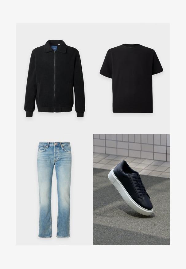 Chaqueta de forro polar negra con cierre de cremallera, cuello alzado, puños acanalados y bolsillos laterales con una superficie texturizada.; Camiseta negra de manga corta hecha de tejido texturizado, con un cuello redondo y un corte relajado. Sencilla, sin patrones ni acentos.; Jeans de mezclilla azul claro con corte recto, presentan una textura desgastada, cinco bolsillos, cierre delantero con botón y detalles de costura sutiles.; Zapatilla de cuero negro con punta redonda y suela de goma blanca. Presenta cordones planos y un mínimo de costuras en la parte superior. Suela texturizada para proporcionar agarre.