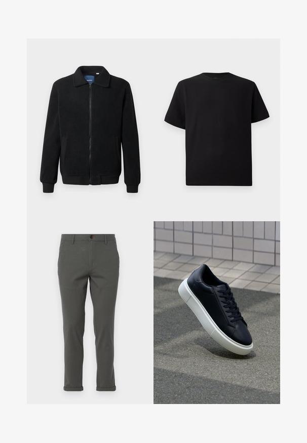 Black fleece jacket featuring a zip closure, stand collar, ribbed cuffs, and side pockets with a textured surface.; Black short-sleeve T-shirt made of textured fabric, featuring a round neckline and a relaxed fit. Simple, no patterns or accents.; Gray pants with a straight-leg design, made from lightweight fabric, featuring a rolled hem and a single front button closure.; Black leather sneaker with rounded toe and white rubber sole. Features flat laces and minimal stitching on the upper. Textured sole for grip.