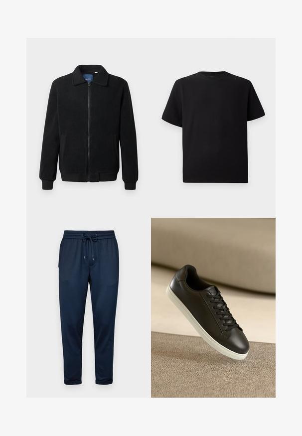 Čierna flísová bunda s uzáverom na zips, stojatým golierom, rebrovanými manžetami a bočnými vreckami s textúrovaným povrchom.; Čierne tričko s krátkym rukávom vyrobené z textúrovanej látky, s okrúhlym výstrihom a voľným strihom. Jednoduché, bez vzorov alebo akcentov.; Only & Sons SLINUS - Tepláky - navy; Čierne kožené tenisky s bielou gumovou podrážkou a čiernymi šnúrkami, umiestnené na béžovom textilnom povrchu a pozadí.