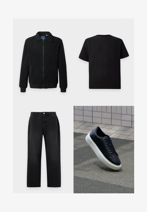 Jachetă din fleece neagră, cu închidere prin fermoar, guler înalt, manșete ribbate și buzunare laterale cu o suprafață texturată.; Tricou negru cu mânecă scurtă, realizat dintr-un material texturat, cu decolteu rotund și o croială relaxată. Simplu, fără modele sau accente.; Jeans din denim negru cu un design cu picior drept. Prezintă o închidere cu buton, bucle pentru curea și două buzunare laterale. Textură netedă, fără modele vizibile.; Tenis cu piele neagră, cu vârful rotund și talpă din cauciuc alb. Are șireturi plate și cusături minime pe suprafață. Tălpile texturate oferă aderență.
