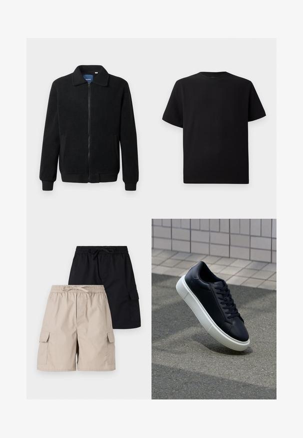 Black fleece jacket featuring a zip closure, stand collar, ribbed cuffs, and side pockets with a textured surface.; Black short-sleeve T-shirt made of textured fabric, featuring a round neckline and a relaxed fit. Simple, no patterns or accents.; Two pairs of cargo shorts, one beige and one black, featuring elastic waistbands, drawstring ties, and side pockets.; Black leather sneaker with rounded toe and white rubber sole. Features flat laces and minimal stitching on the upper. Textured sole for grip.