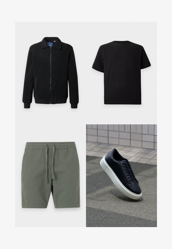 Svart fleece jakke med glidelås, høy krage, ribbestrikkede mansjetter og sidelommer med strukturert overflate.; Svart T-skjorte med korte ermer laget av teksturert stoff, med rund halslinning og en avslappet passform. Enkel, uten mønstre eller detaljer.; Olivengrønne shorts i struktureret stof med elastisk talje og justerbare snore samt en afslappet pasform.; Sorte skinnsneakers med rund tå og hvit gummisåle. Har flate lisser og minimal søm på overdelen. Strukturert såle for grep.