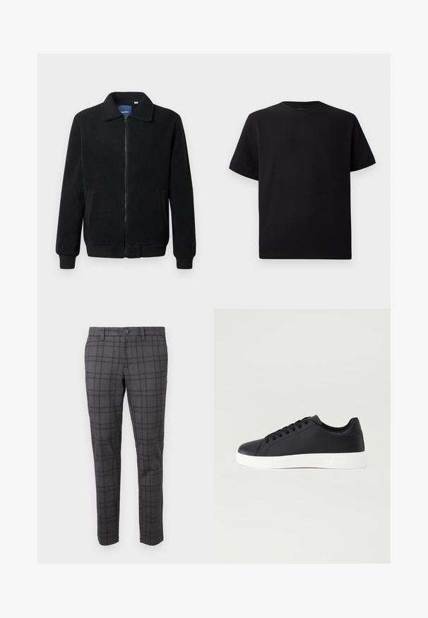 Schwarze Fleecejacke mit Reißverschluss, Stehkragen, gerippten Bündchen und seitlichen Taschen mit strukturiertem Oberflächenmaterial.; Schwarzes Kurzarm-T-Shirt aus strukturiertem Stoff, mit einem Rundhalsausschnitt und einer lockeren Passform. Einfach, ohne Muster oder Akzente.; Grau karierte Hose aus einem strukturierten Stoff, mit schlankem Schnitt, Gürtelschlaufen und einem einzelnen Knopfverschluss an der Taille.; Pier One UNISEX - Sneaker low - black