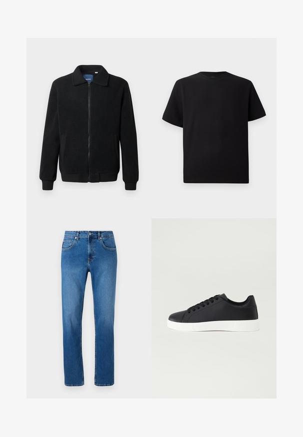 Chaqueta de forro polar negra con cierre de cremallera, cuello alzado, puños acanalados y bolsillos laterales con una superficie texturizada.; Camiseta negra de manga corta hecha de tejido texturizado, con un cuello redondo y un corte relajado. Sencilla, sin patrones ni acentos.; Vaqueros de mezclilla azul con corte recto, que presentan un diseño clásico de cinco bolsillos y sutiles detalles de costura a lo largo de las costuras.; Pier One UNISEX - Zapatillas - black